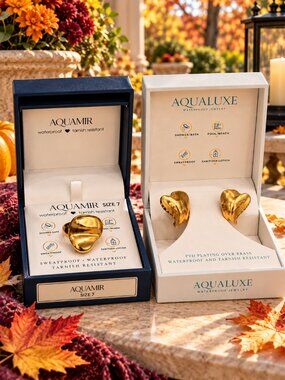 Designer Jewelry Gift Set Gold Heart Ring & Earrings  - Size 7  - NEW Gift Ready